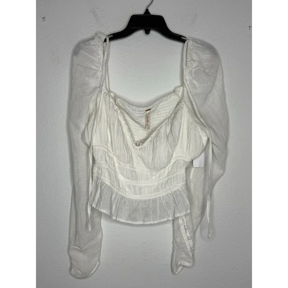 Free People Blouse Top Smocked White Ruffle Hem Boho Babydoll Coquette NWT XL